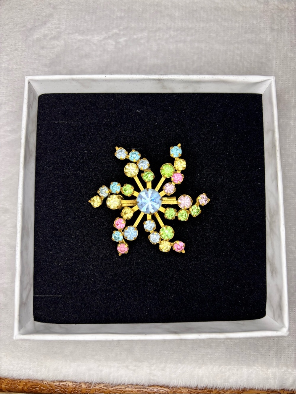 Vintage Atomic Starburst Brooch Pastel Rhinestones UV Reactive MCM